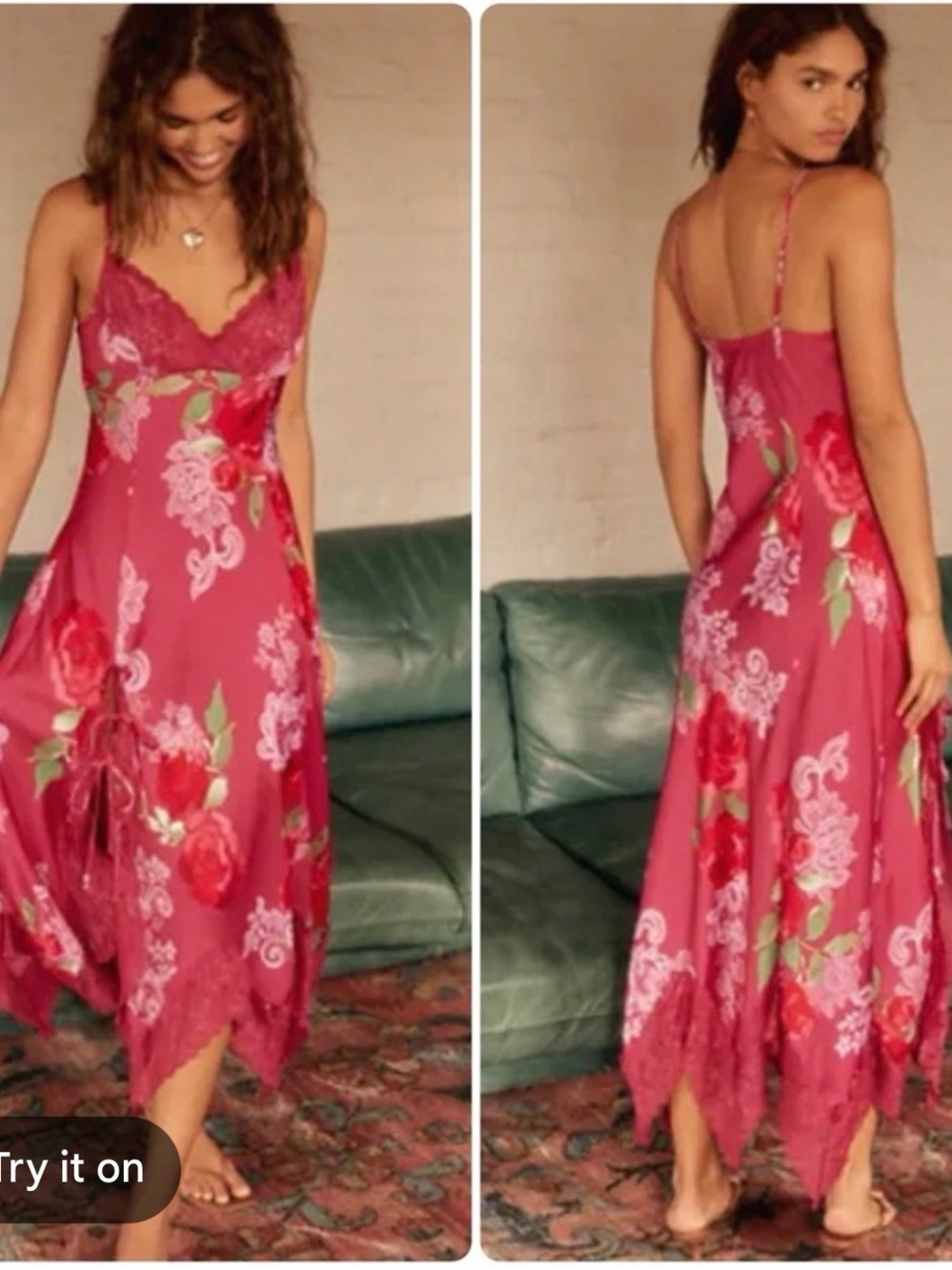 Free People Floral Lace-Trim Slip Dress in Deep Rose - Picture 1 of 3